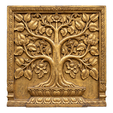Antique Brass Sacred Tree Temple Relief with Lotus Pedestal and Botanical Foliage