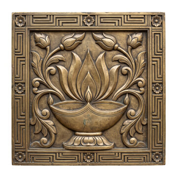 Aged Bronze Lotus and Ceremonial Vessel Temple Relief with Curled Foliage