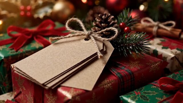Blank kraft Christmas gift tags tied with twine resting on wrapped presents