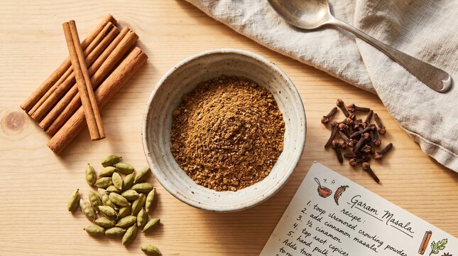 Fresh aromatic garam masala spice powder blend in ceramic bowl with cinnamon sticks and cardamom pods