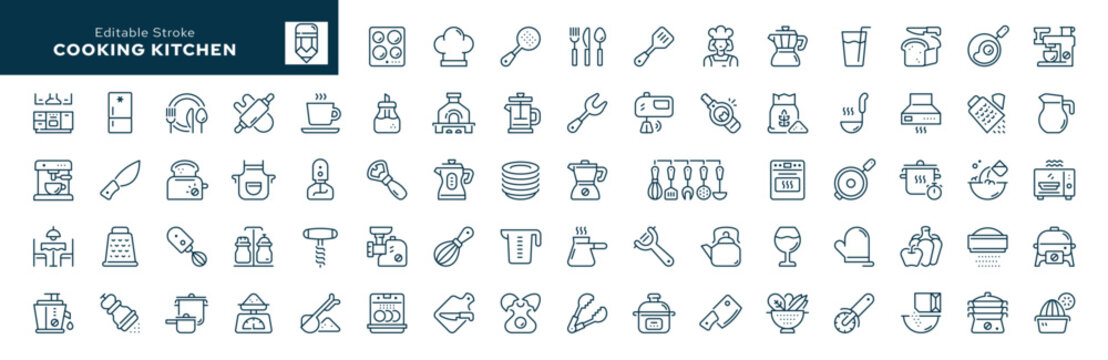 Cooking kitchen. Set of outline icons. Cooking food, cookware, cutlery, household appliances and kitchenware. Line icon in linear style. Vector collection	