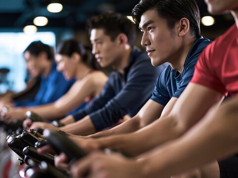 Diverse group of fit adults engaged in a high-intensity indoor cycling class at a modern gym