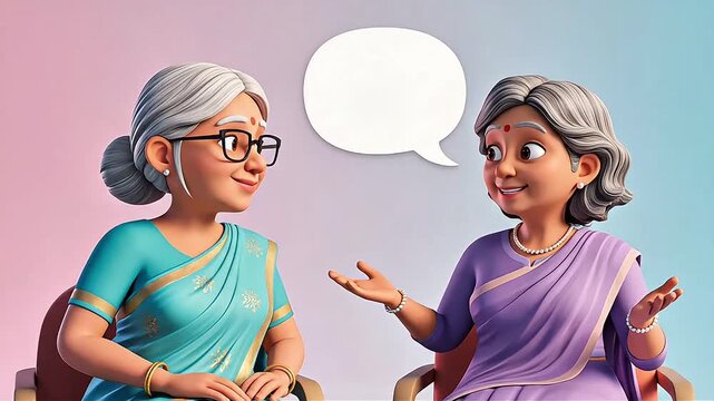 Two animated elderly Indian women in traditional sarees engaging in conversation with a speech bubble between them, set against a gradient background.