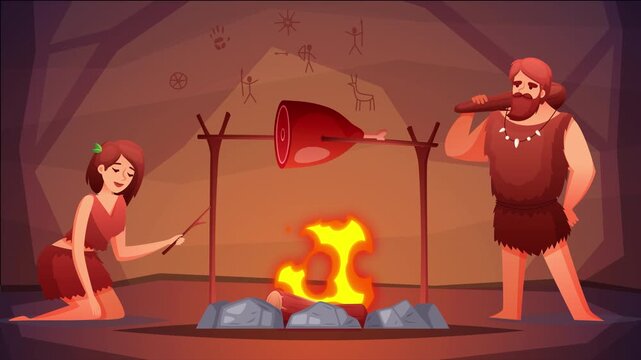 Animated video depicting a primitive man discovering and using fire, showcasing early human survival skills, prehistoric life, and the importance of fire in human evolution. 