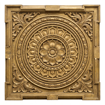 Antique Brass Circular Floral Temple Relief with Concentric Geometric Borders