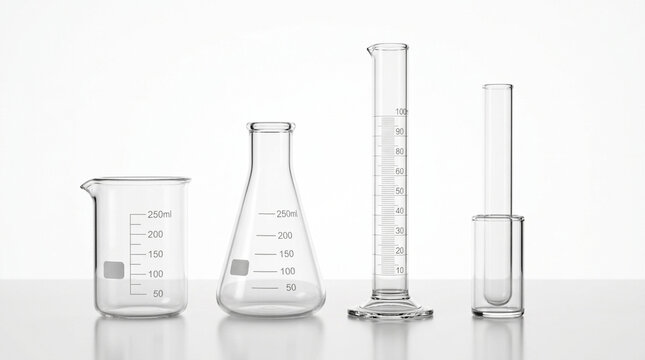 Laboratory Glassware Set Beaker Erlenmeyer Flask Graduated Cylinder Test Tube on White Background