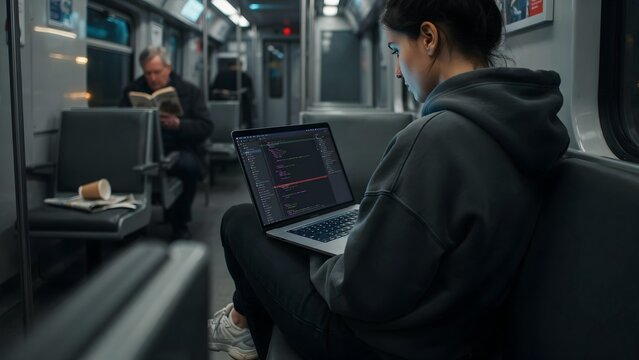 Young woman working on laptop with coding in a subway train during travel