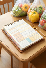 Fototapeta premium Meal planning and healthy nutrition, weekly food schedule with fresh vegetables in plastic bags on a wooden kitchen table for grocery shopping management