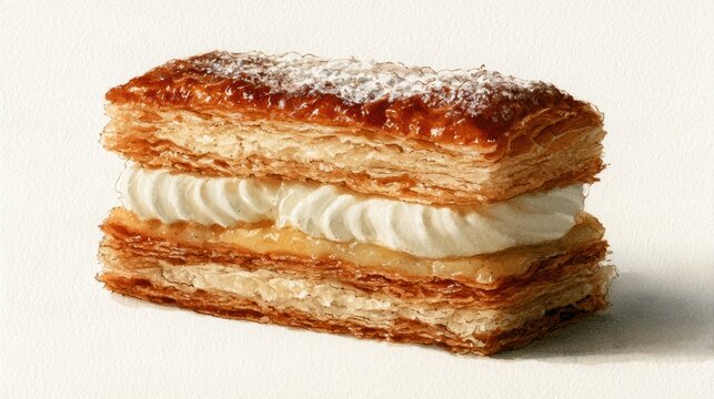 Watercolor French mille-feuille pastry desser,pastry with delicate layers and white icing on a white plate,Fresh Flaky puff pastry layers with vanilla cream,delicious homemade,cafe menu concept.