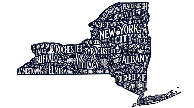 Typography map of New York State made from city names text Albany Buffalo Rochester Syracuse New York City