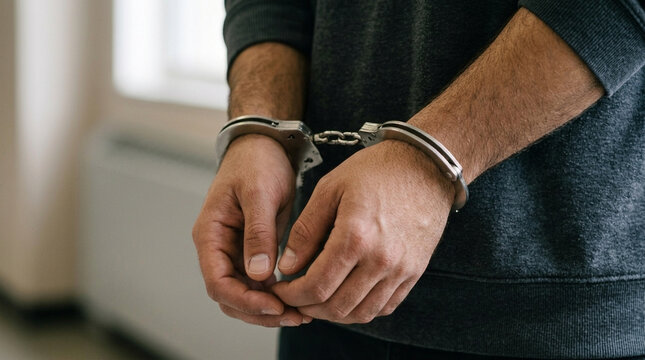 Mans Hands Cuffed Behind Back in Closeup Symbolizing Arrest Crime Injustice and Restraint