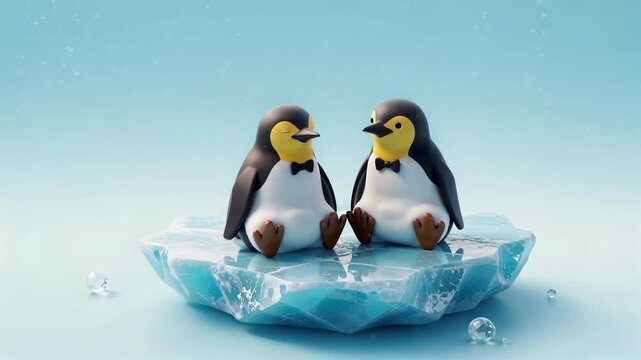 Two Penguins Standing on Ice Block Facing Each Other in Studio Setting with Soft Lighting and Cinematic Style for Business or Partnership Concept