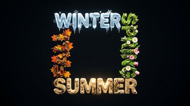 Text frame Winter vs Summer made of seasonal elements ice leaves typography border on black background