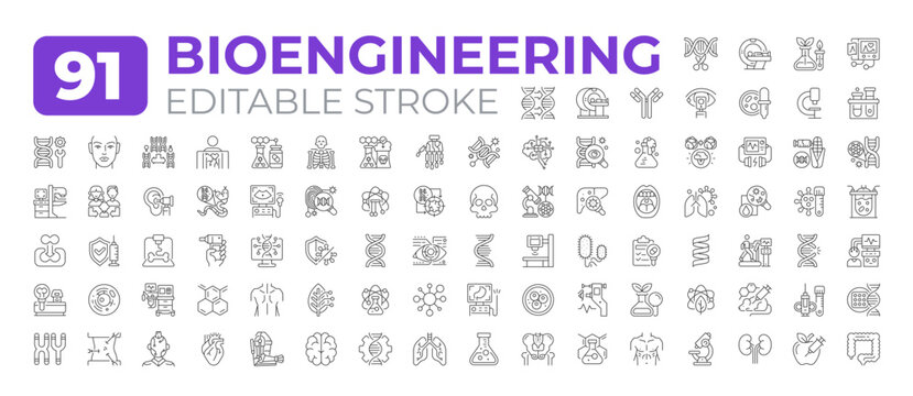 Bioengineering line icons big set. Biological engineering in medical industry. Scientific research iconset outline pictograms. Isolated linear vector illustrations. Editable stroke