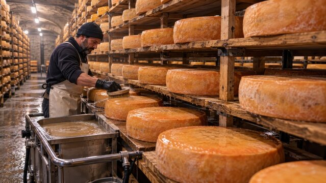Cheese Maker Washing Aged Cheese Wheels