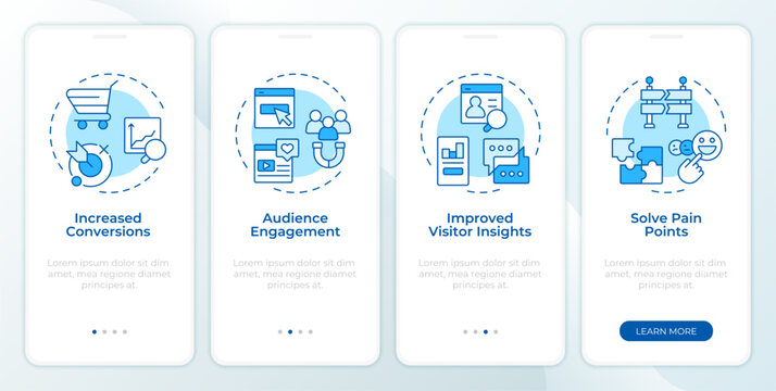 Rewards of a and b testing monochrome blue onboarding mobile app screen. Scaling online revenue growth. UI UX walkthrough 4 steps. Editable graphic instructions with linear concepts