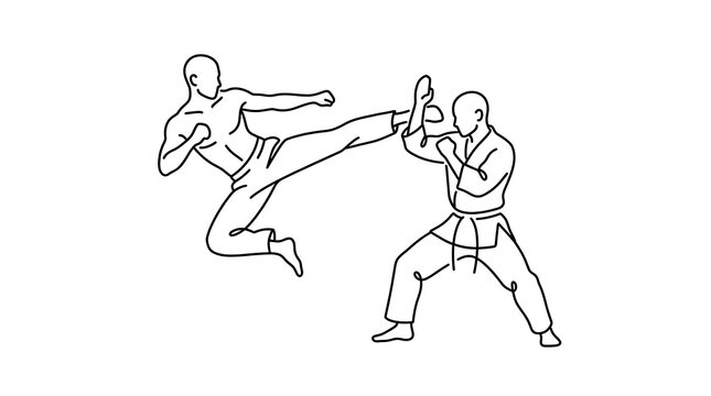 Black and white line illustration of two martial artists practicing a high kick and defensive stance, depicting combat training and self defense