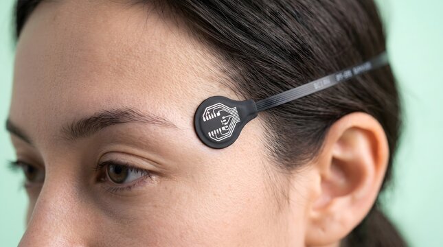 A brain-computer interface electrode sensor attached to a woman's temple for EEG monitoring of neural activity and biofeedback technologies. AI generated.