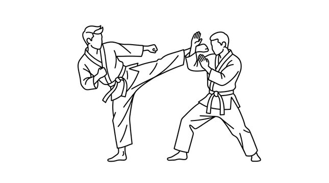Black and white line illustration of two martial artists practicing a high kick and defensive stance, depicting combat training and self defense