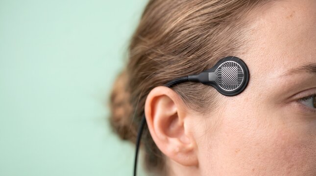 A brain-computer interface electrode sensor attached to a woman's temple for EEG monitoring of neural activity and biofeedback technologies. AI generated.