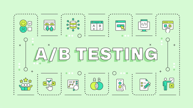 A and b testing concept banner. Data driven digital product optimization. Split testing marketing frameworks. Linear colored icons typography layout on light green background. Vector illustration