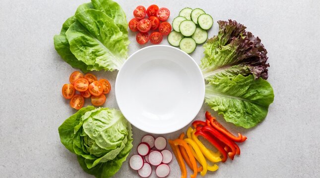 Fresh vegetables arranged in circular pattern around white ceramic bowl for healthy salad preparation