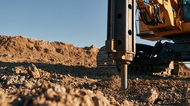 Heavy-duty hydraulic breaker attachment on excavator breaking ground at construction site during daytime