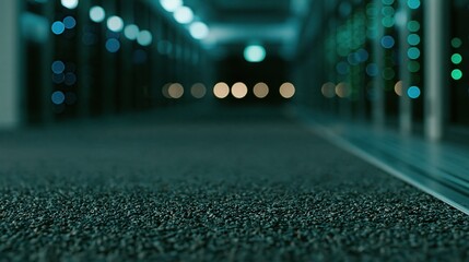 Fototapeta premium Dark Hallway with Bokeh Lights, Modern Architecture, and Blurred Background