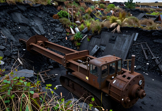 Industrial decline and environmental impact, abandoned heavy machinery in a coal mine with overgrown vegetation and rocky terrain in a desolate landscape