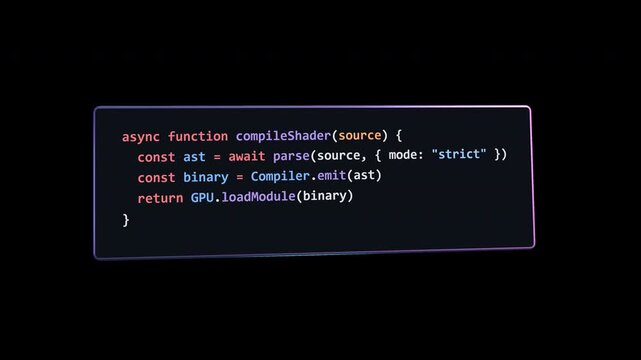 Ultra-premium 4K WebGL (Three.js) motion graphics asset. Features an isolated, monolithic code slab with custom GPU compile logic code, performing a cinematic flyby over a pure transparent background.