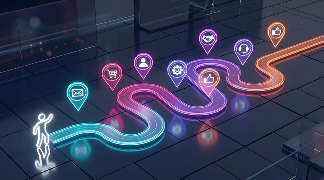Interactive customer journey map with glowing neon icons and path on floor