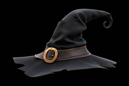 Tattered black witch hat with curled tip, frayed brim and rustic brass buckle, Halloween accessory on black background