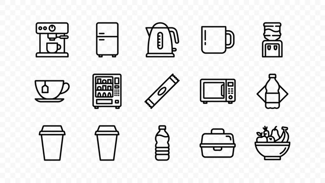 flat vector illustration line art icon bundle set design kitchen appliance coffee maker fridge microwave kettle cup food cooking home equipment ui graphic element