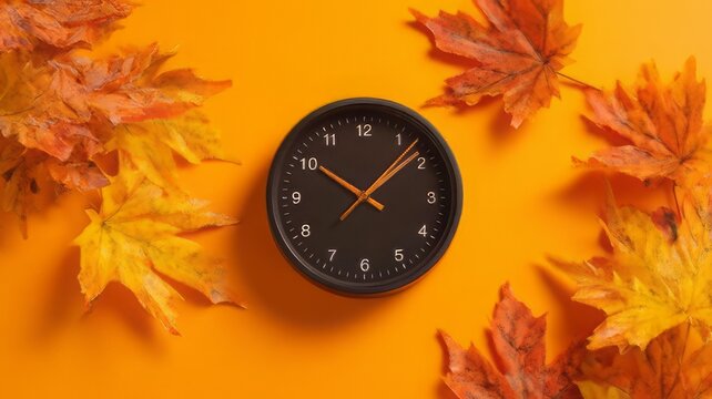 Autumn daylight saving time change clock on orange background, fall foliage time concept flat lay, daylight savings clock with leaves