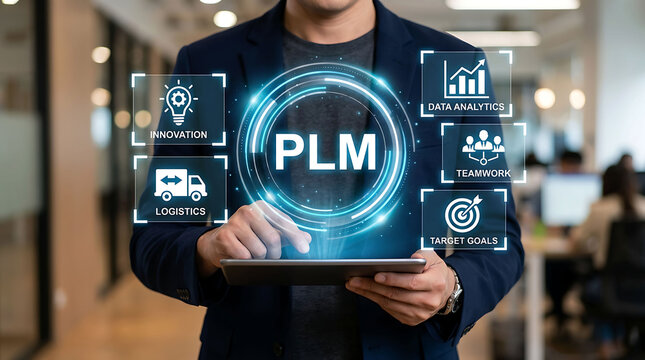 Businessman interacting with digital PLM interface and icons in office
