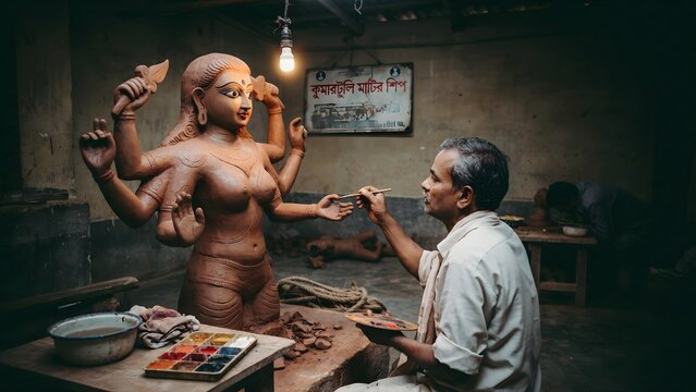 Male artist sculpting traditional multi-armed goddess figure in workshop