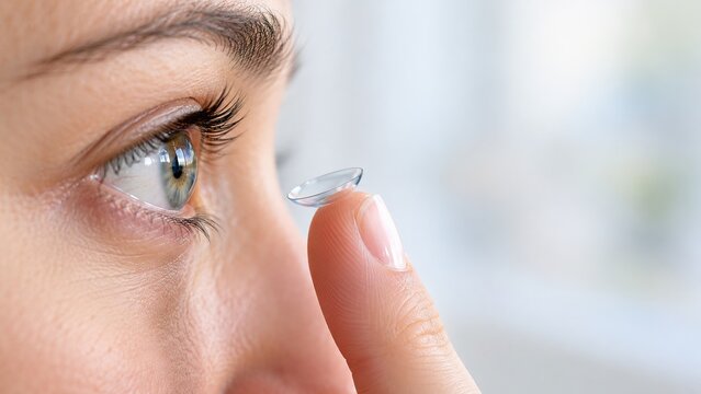 Close-up of a woman preparing to insert a clear contact lens into her eye, representing vision correction, eyesight, contact lens use, personal eye care and daily hygiene.
