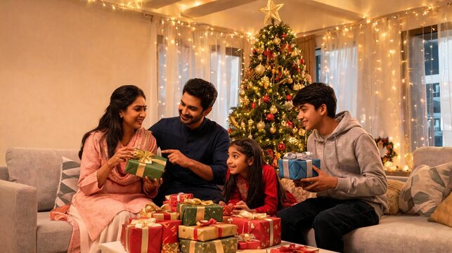 Indian Family Choosing Christmas Gifts Together at Home