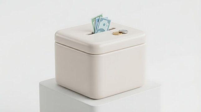 A light-colored square savings box with dollar bills and coins inserted into the top slot, sitting on a white pedestal.