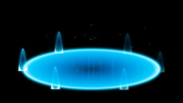 Glowing blue circular teleportation pad with magical flames and rising particle sparks on a black background. Ideal for gaming or fantasy effects.