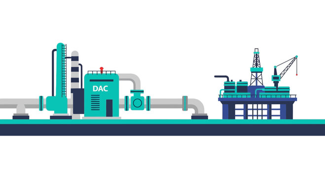 Flat vector illustration of a Direct Air Capture (DAC) plant and offshore carbon sequestration platform.