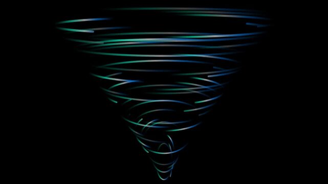 Smoothly spinning 3D vortex made of glowing green and blue lines rotating into a tornado shape on a black background. Perfect for data storms.