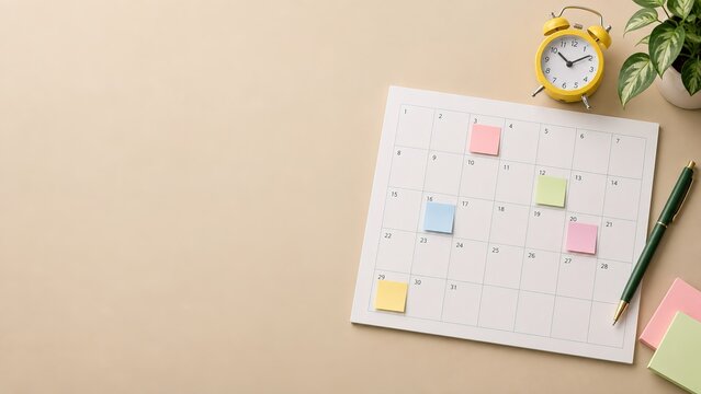 Monthly calendar with alarm clock, pen and blank reminder notes on a desk, representing time management, scheduling, planning, organization, productivity and important dates.