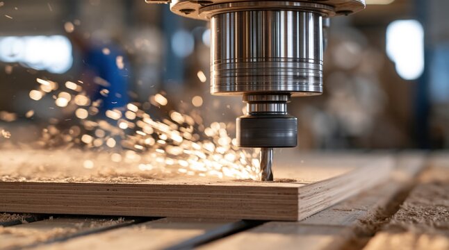 Precision CNC Router Machine Carving Wood with Sparks Flying in Workshop