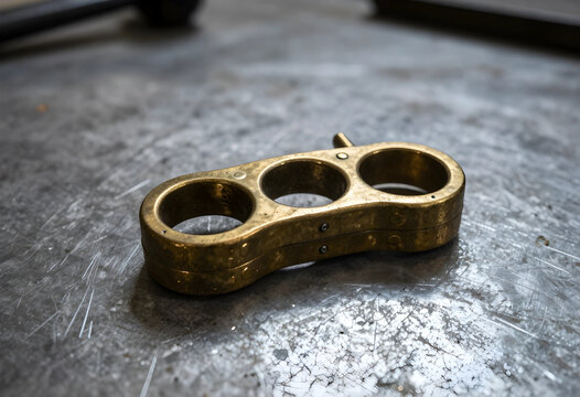 Violence and crime prevention, brass knuckles weapon on a scratched metal workshop table, illegal street fighting and self defense equipment
