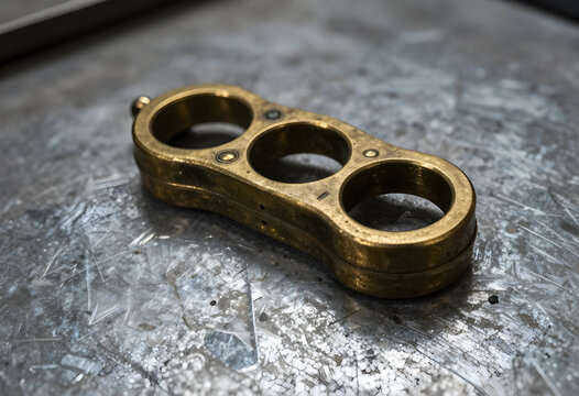 Violence and crime prevention, brass knuckles weapon on a scratched metal surface for law enforcement and illegal contraband security concepts