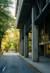 Fototapeta premium Urban infrastructure and city development, modern concrete building exterior with steel beams along a quiet street with autumn trees in the morning light