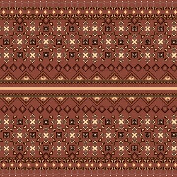 Seamless ethnic geometric pixel pattern in rust brown and cream, tribal woven border cross stitch textile design