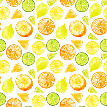 Сolorful mix of sour citrus fruits seamless watercolor pattern on a white background