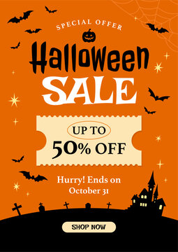Halloween Sale 50% off template poster vector illustration. Promotion coupon.